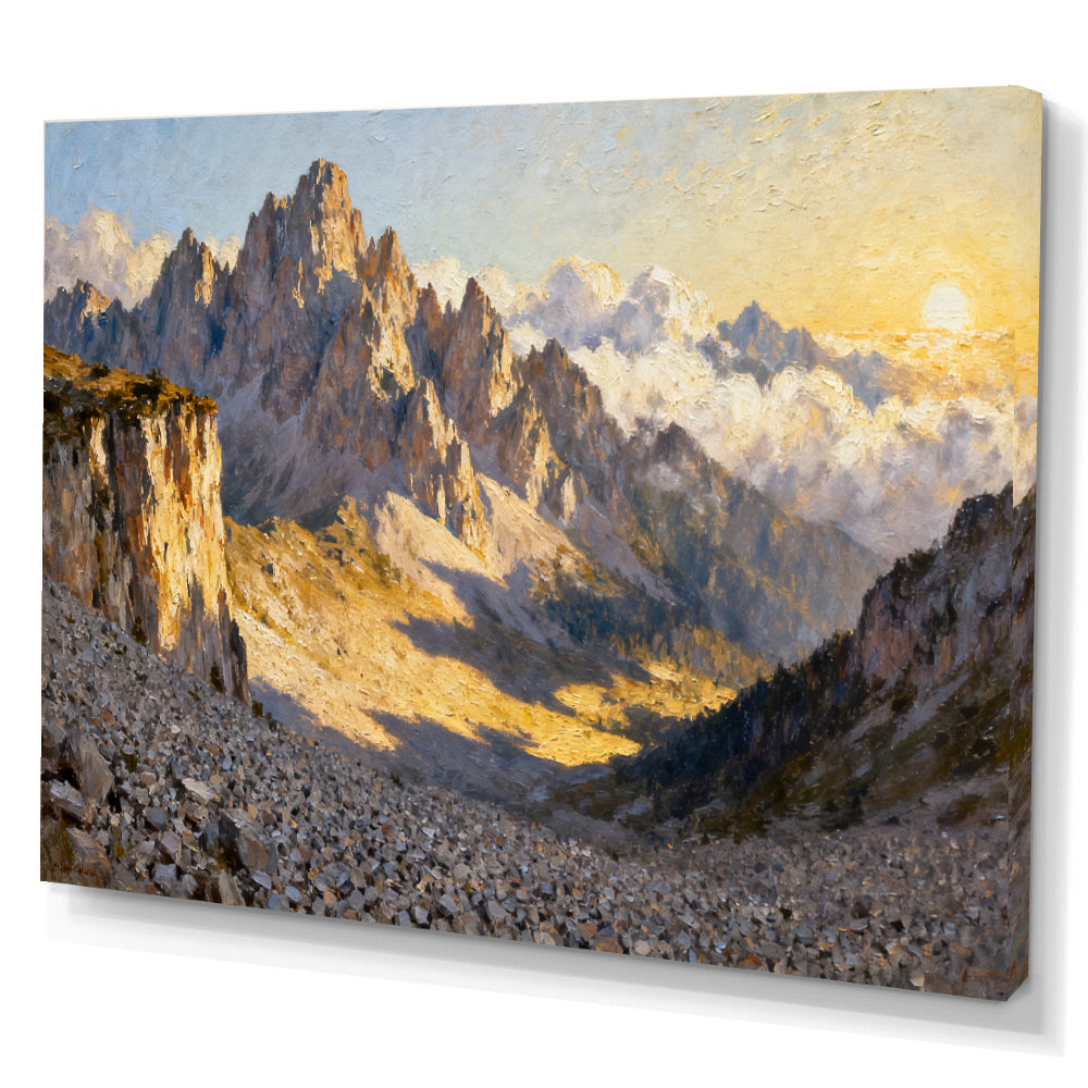 Sunlit Granite Spires canvas wall art, angled canvas mockup on a white background.