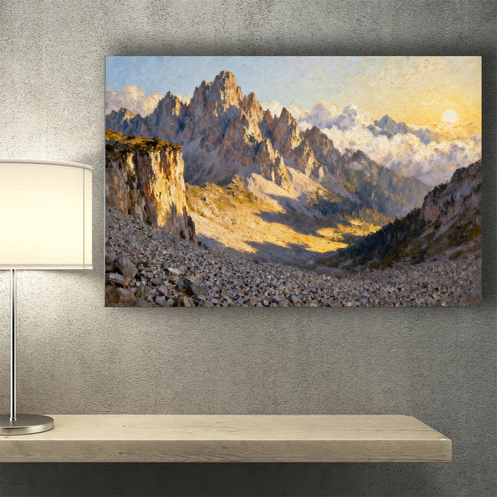 Sunlit Granite Spires canvas wall art, wall mockup above a console.
