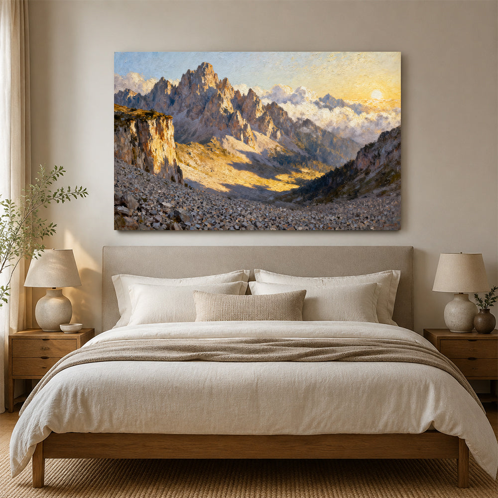 Sunlit Granite Spires canvas wall art, bedroom mockup above a bed.
