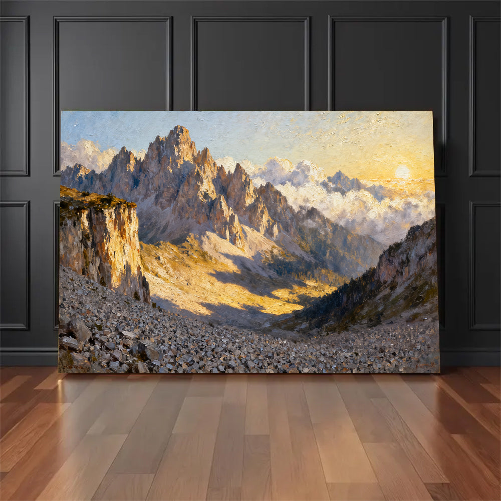 Sunlit Granite Spires canvas wall art, floor display against a dark wall.