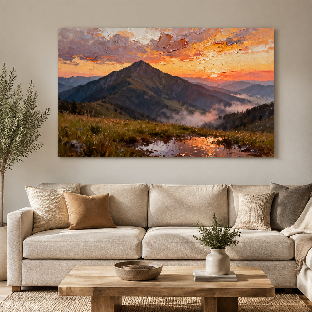 Crimson Mountain Reflection canvas wall art, living room mockup above a sofa.