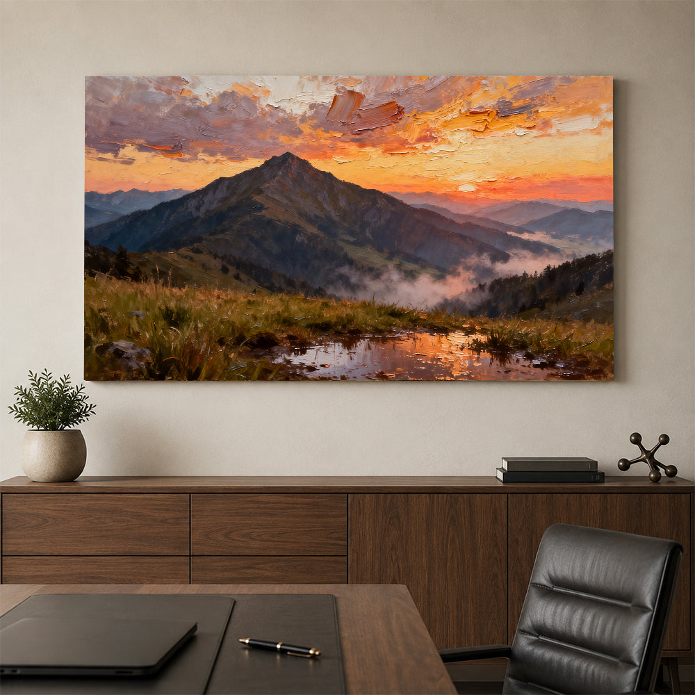 Crimson Mountain Reflection canvas wall art, office mockup above a desk.