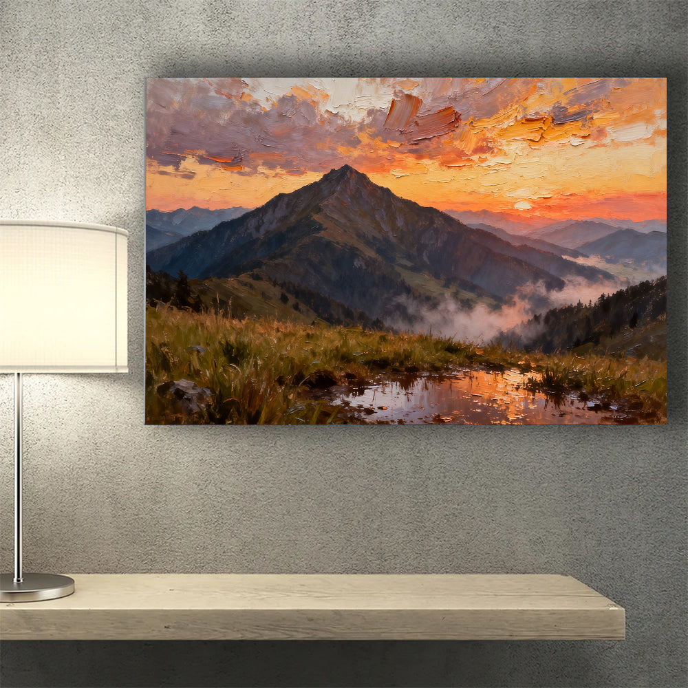Crimson Mountain Reflection canvas wall art, wall mockup above a console.