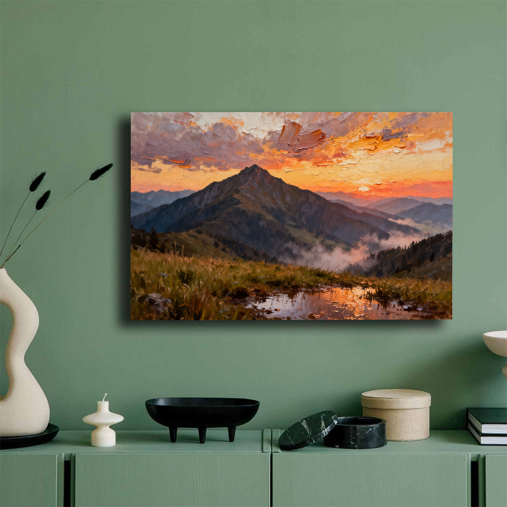 Crimson Mountain Reflection canvas wall art, mockup on a green wall.