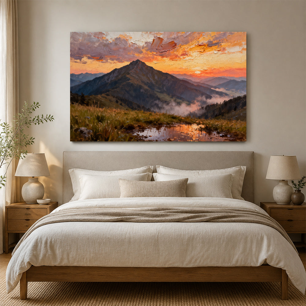 Crimson Mountain Reflection canvas wall art, bedroom mockup above a bed.