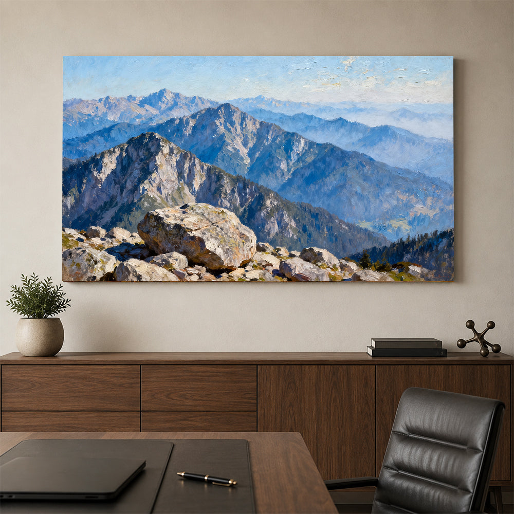 Blue Alpine Ridges canvas wall art, office mockup above a desk.