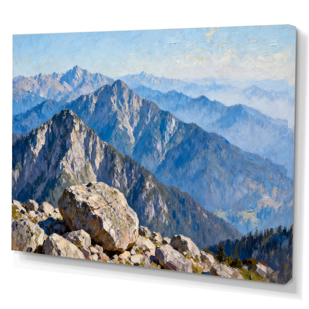 Blue Alpine Ridges canvas wall art, angled canvas mockup on a white background.