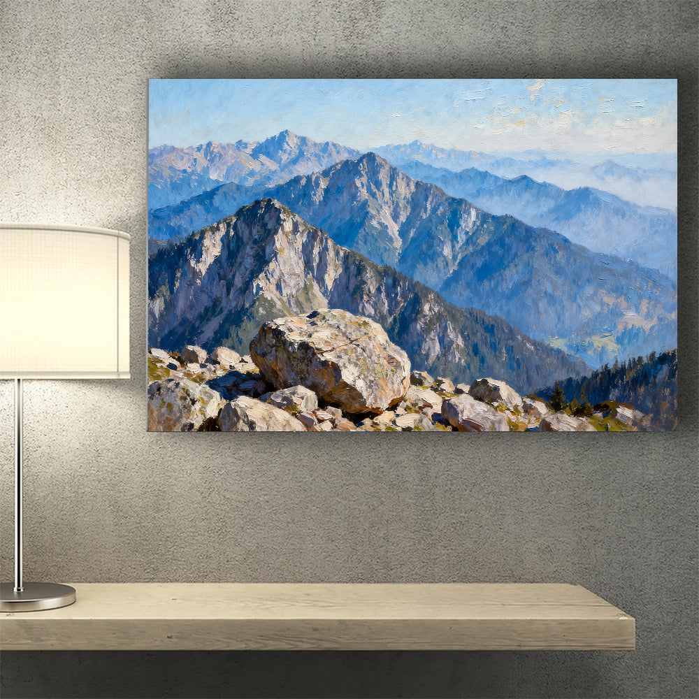 Blue Alpine Ridges canvas wall art, wall mockup above a console.
