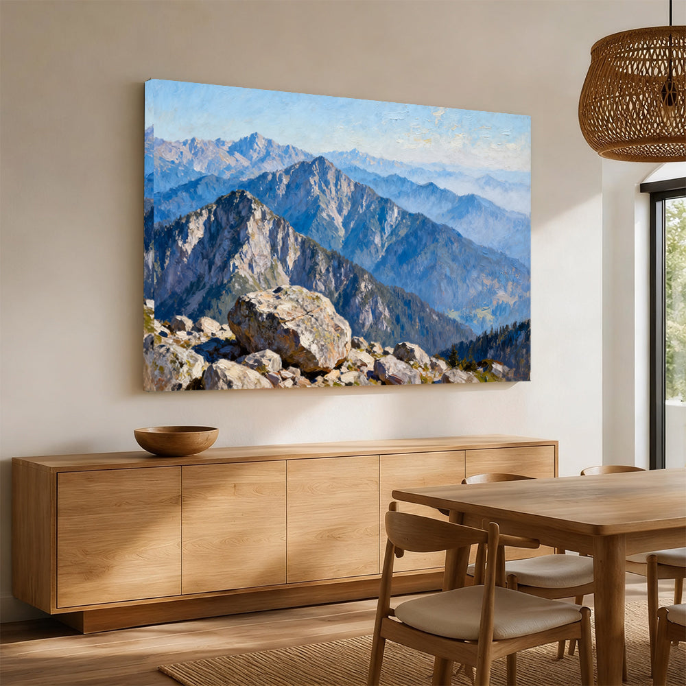 Blue Alpine Ridges canvas wall art, angled mockup above a sideboard.