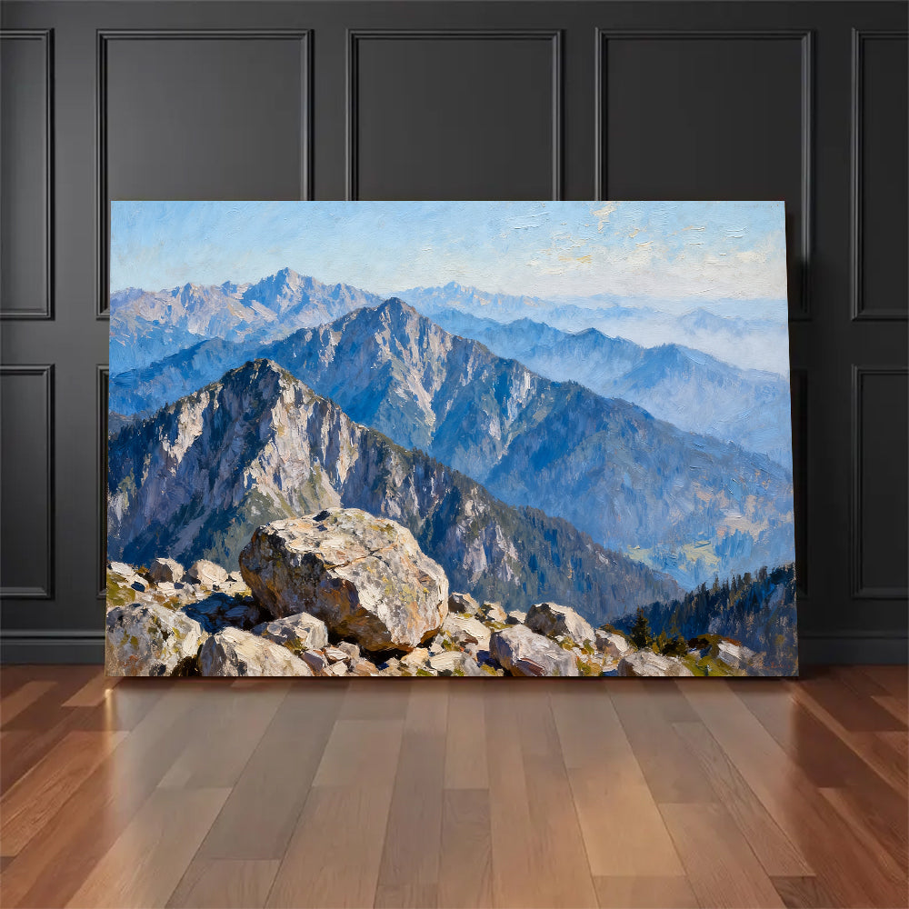 Blue Alpine Ridges canvas wall art, floor display against a dark wall.