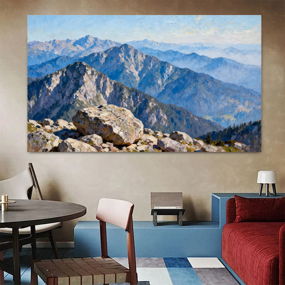 Blue Alpine Ridges canvas wall art, colorful room mockup.