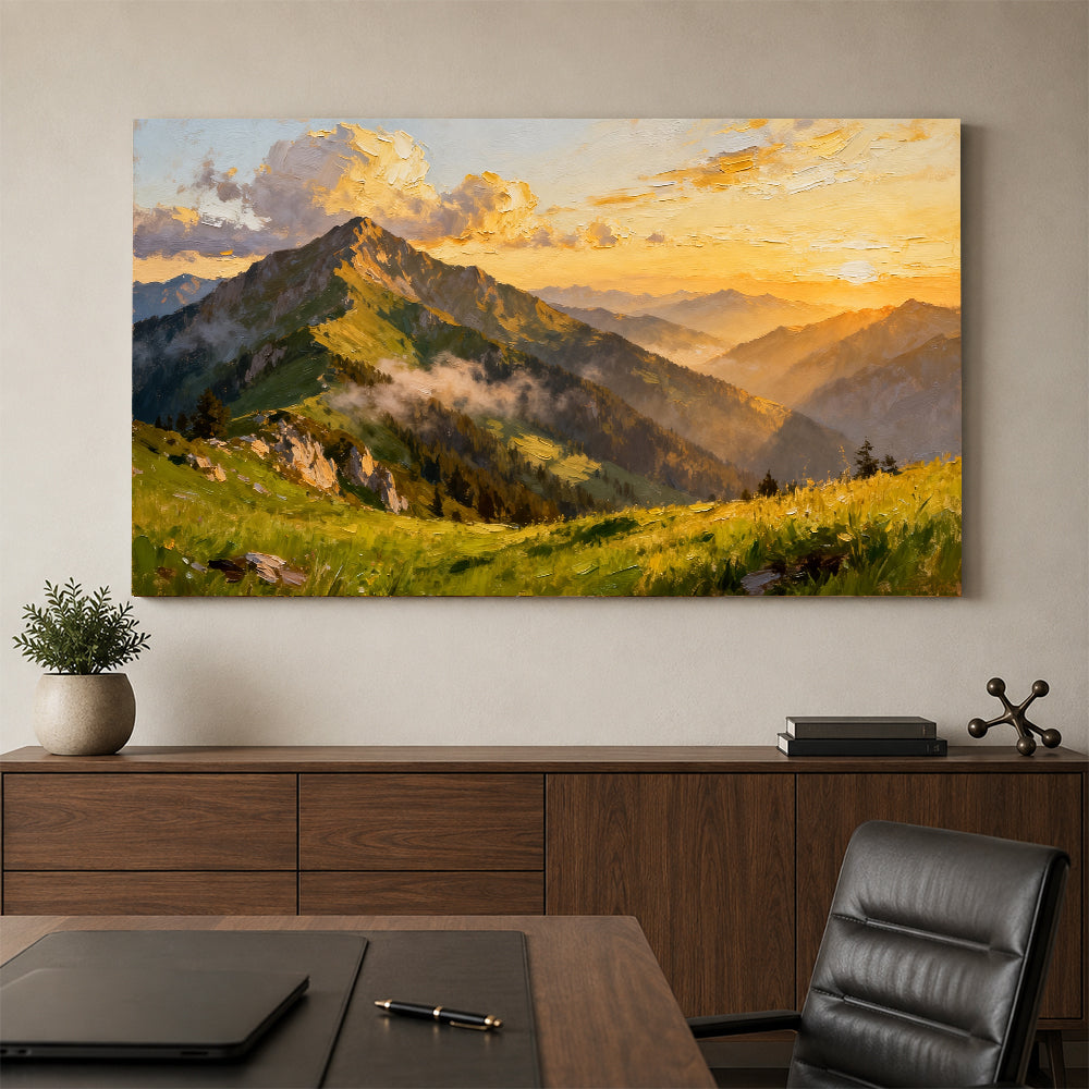 Golden Alpine Meadow canvas wall art, office mockup above a desk.