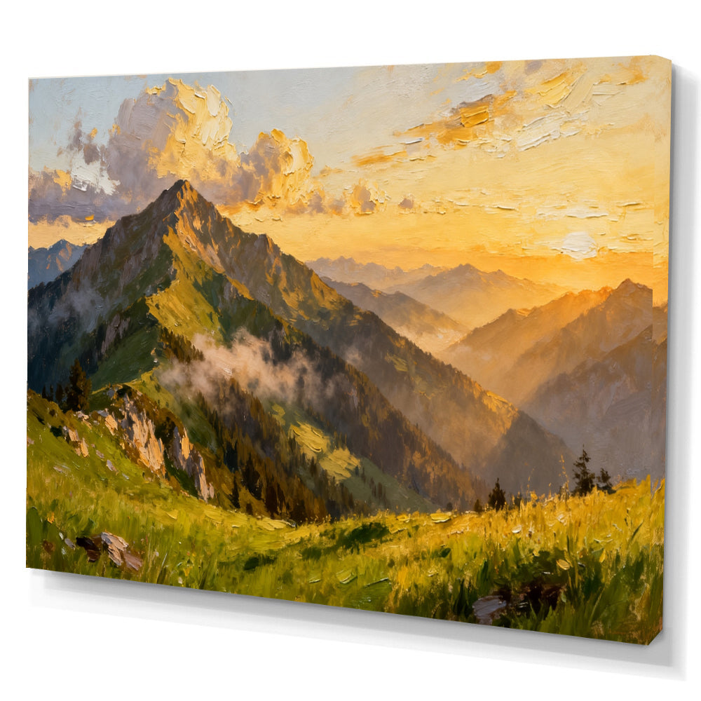 Golden Alpine Meadow canvas wall art, angled canvas mockup on a white background.