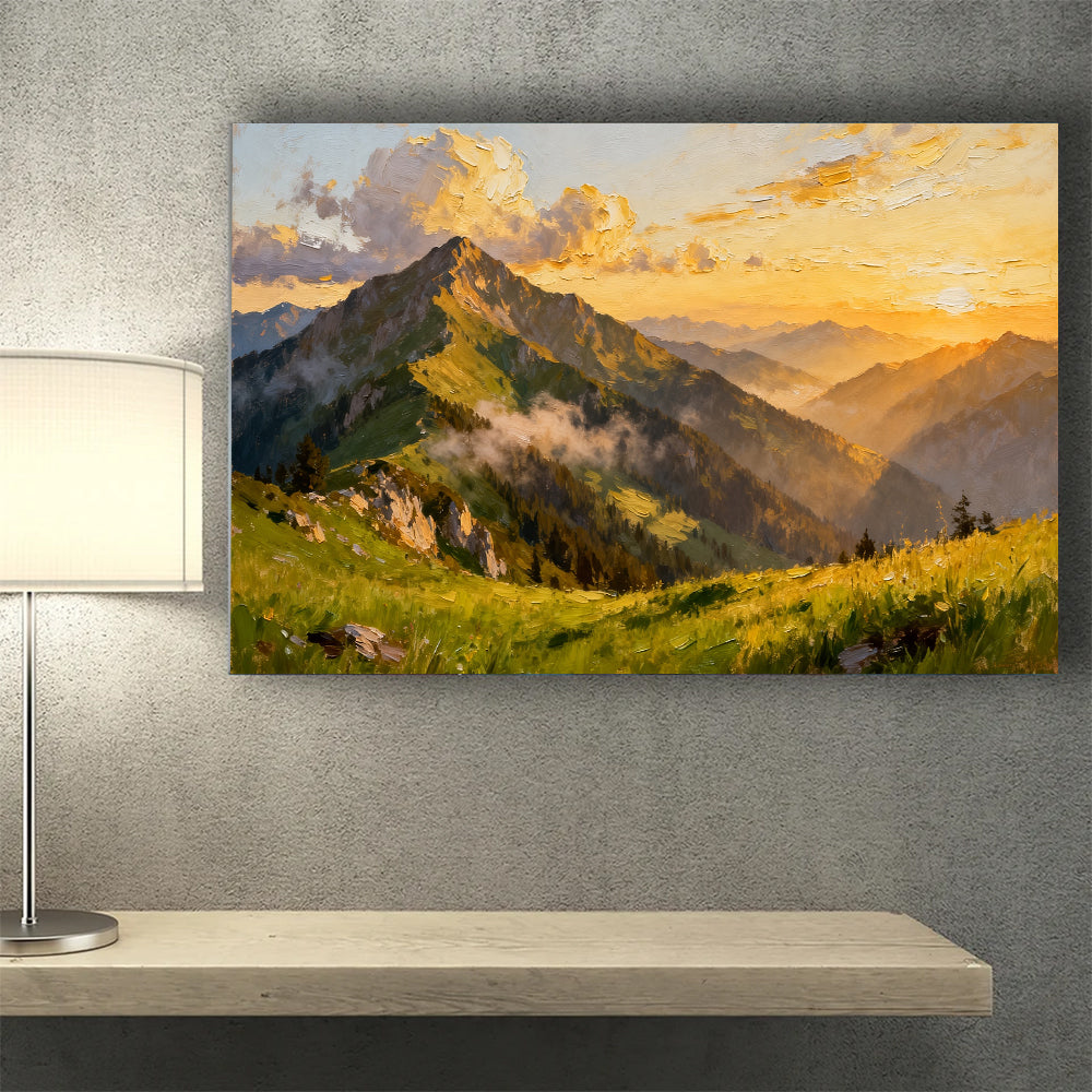 Golden Alpine Meadow canvas wall art, wall mockup above a console.