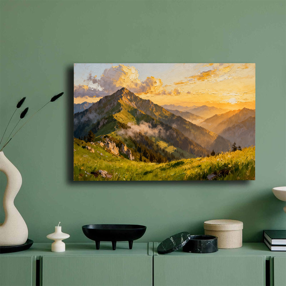 Golden Alpine Meadow canvas wall art, mockup on a green wall.