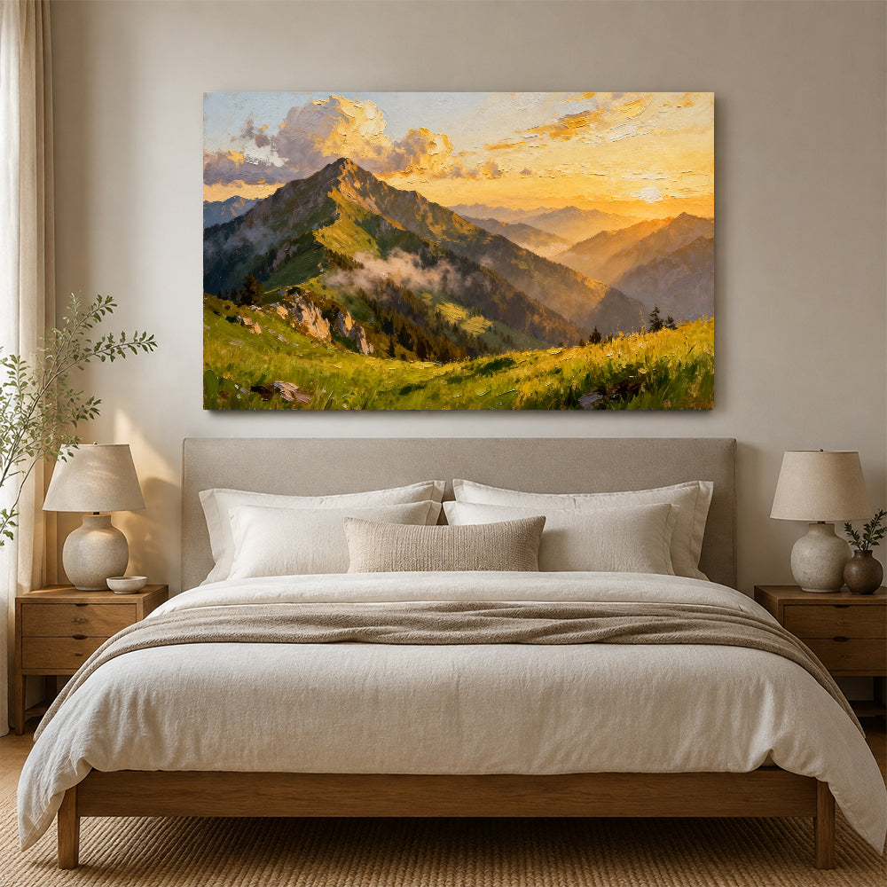 Golden Alpine Meadow canvas wall art, bedroom mockup above a bed.