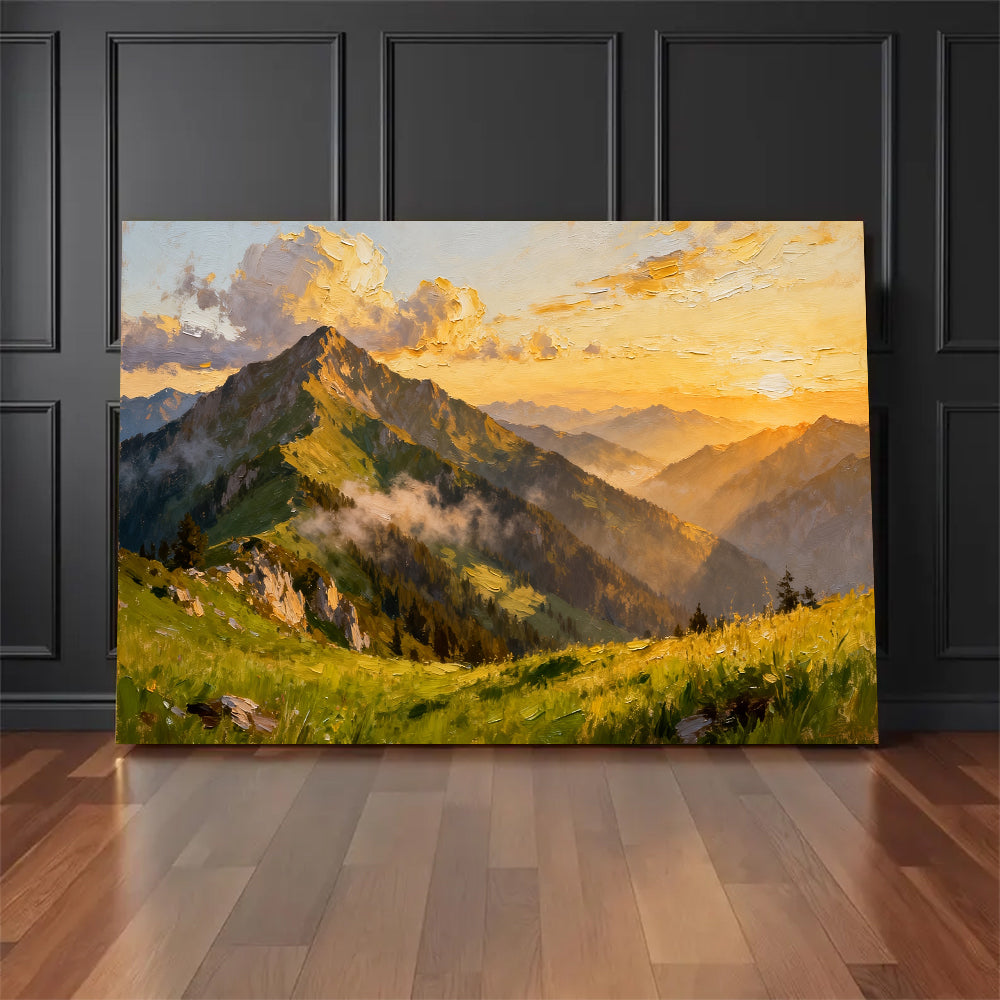Golden Alpine Meadow canvas wall art, floor display against a dark wall.