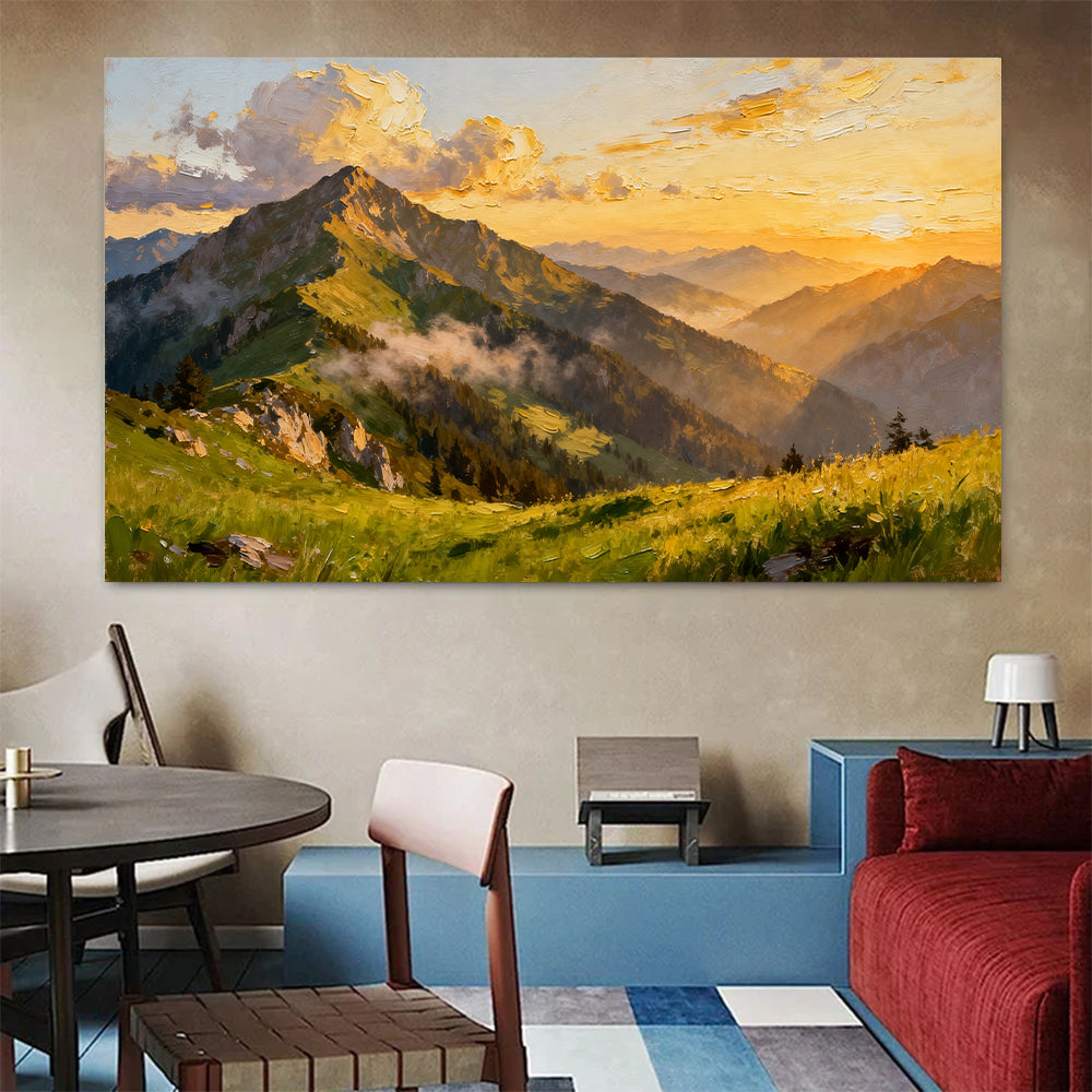 Golden Alpine Meadow canvas wall art, colorful room mockup.