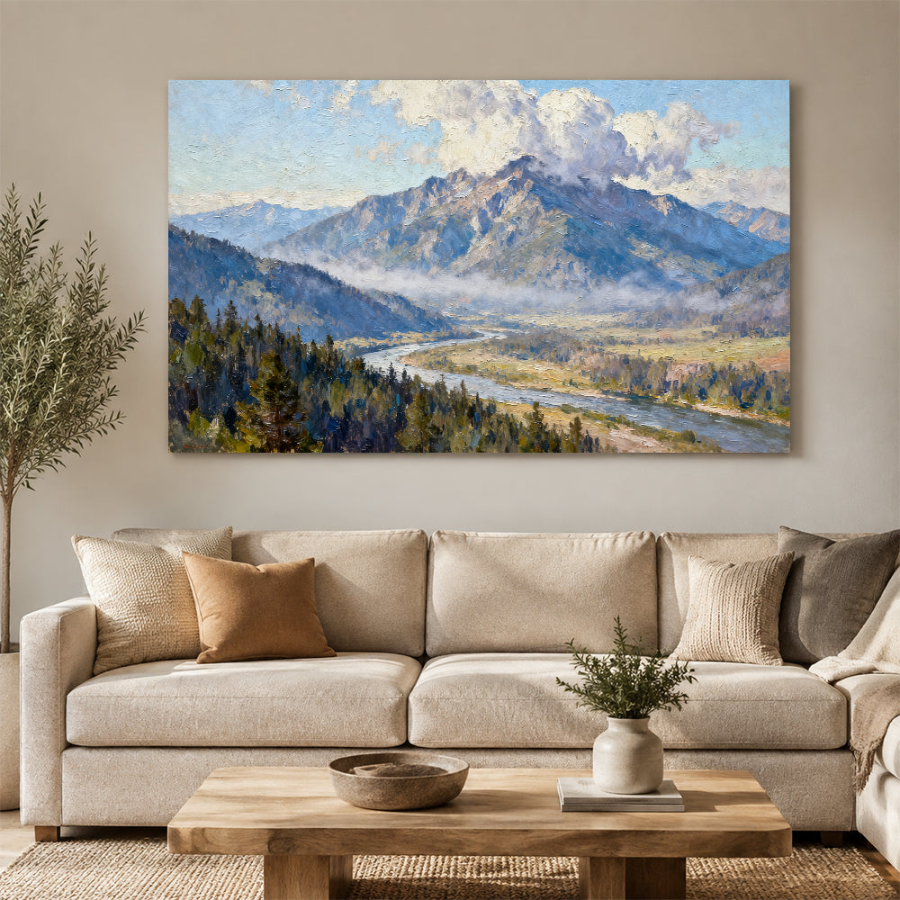 River beneath the Summit canvas wall art, living room mockup above a sofa.