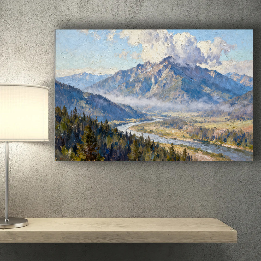 River beneath the Summit canvas wall art, wall mockup above a console.