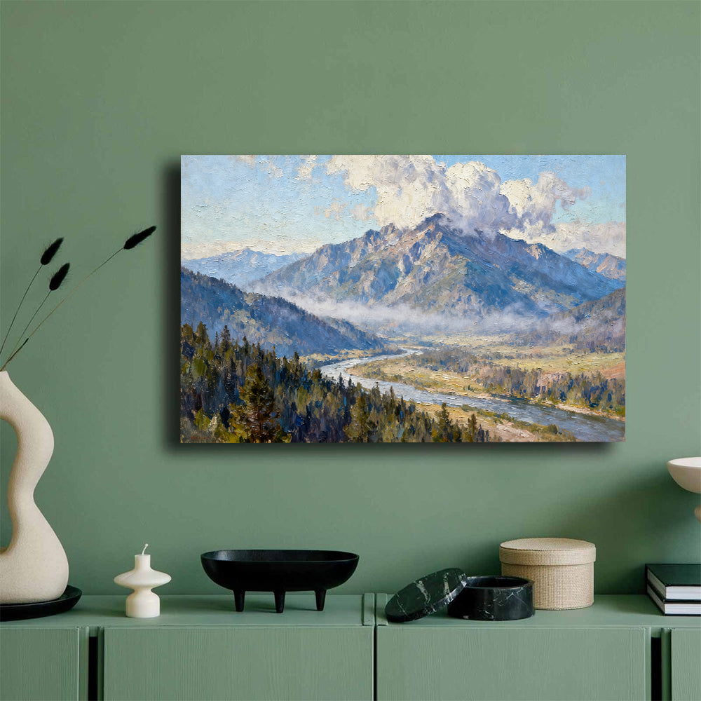 River beneath the Summit canvas wall art, mockup on a green wall.