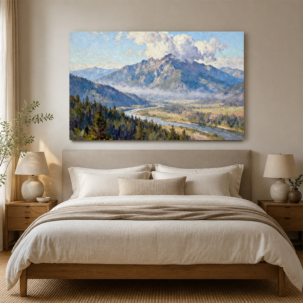 River beneath the Summit canvas wall art, bedroom mockup above a bed.