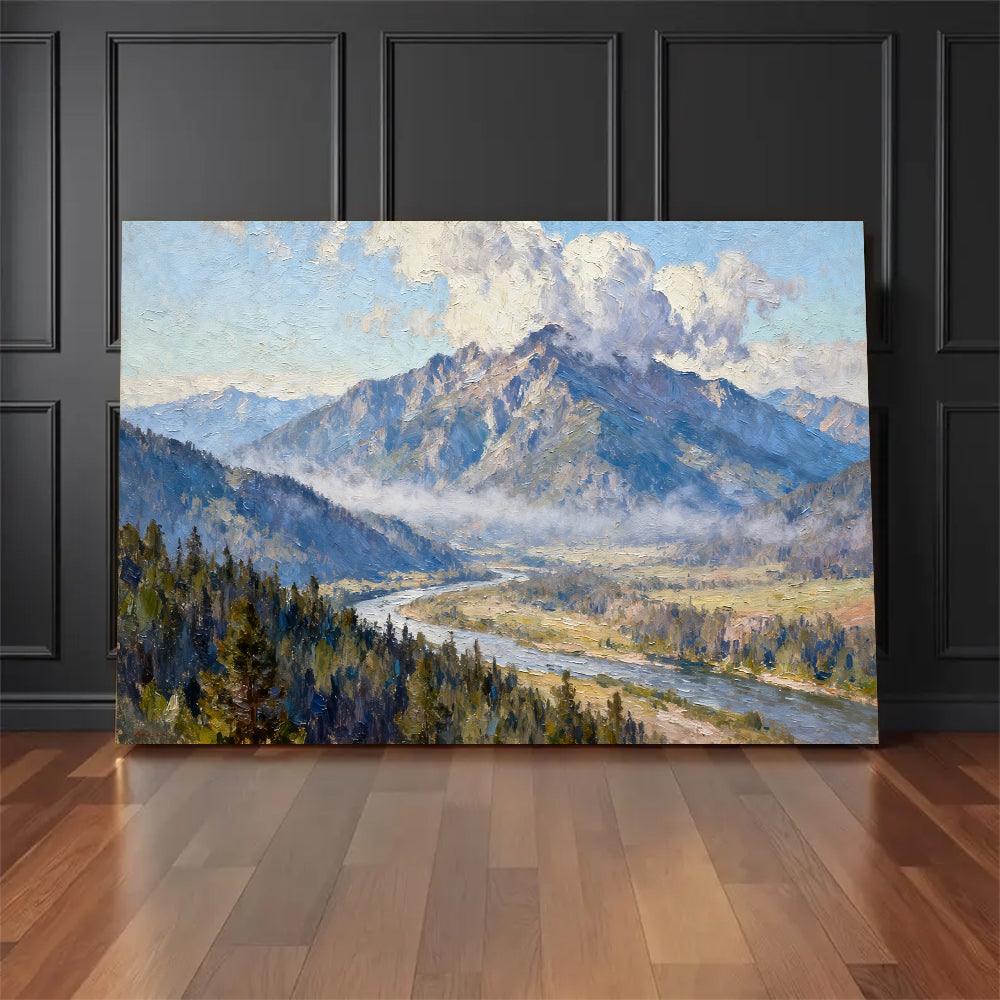 River beneath the Summit canvas wall art, floor display against a dark wall.