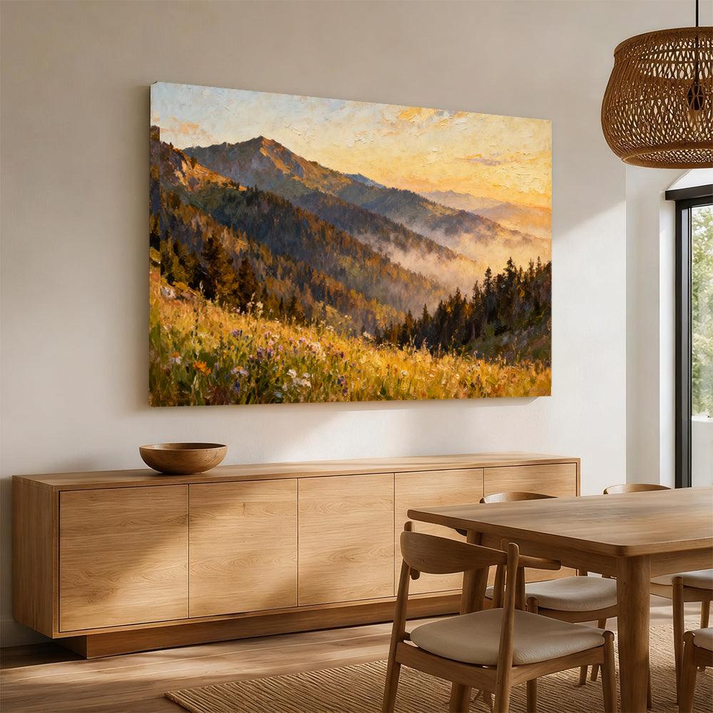 Golden Forest Foothills canvas wall art, angled mockup above a sideboard.
