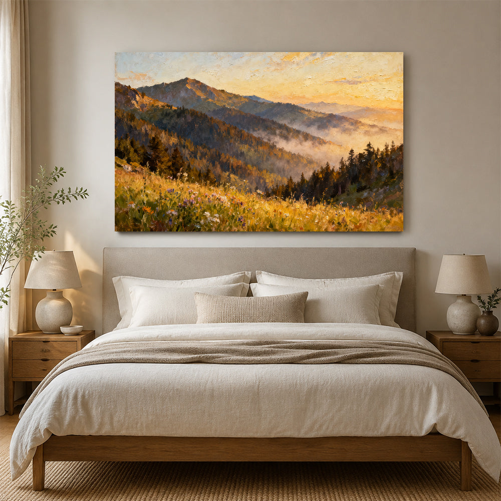 Golden Forest Foothills canvas wall art, bedroom mockup above a bed.
