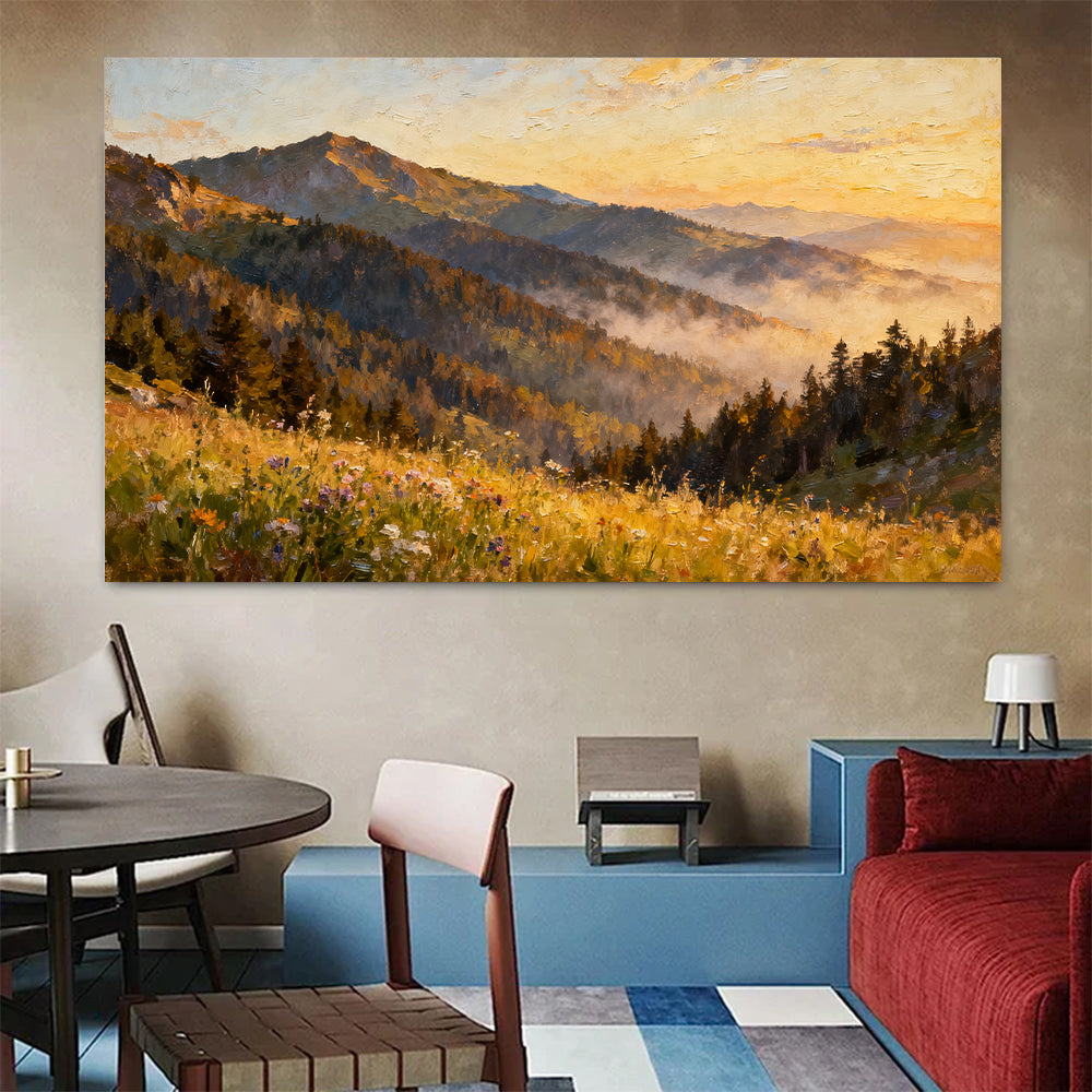 Golden Forest Foothills canvas wall art, colorful room mockup.