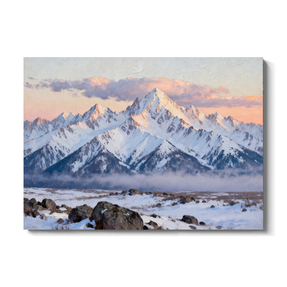 Pink Snowy Horizon canvas wall art, front view on a white background.