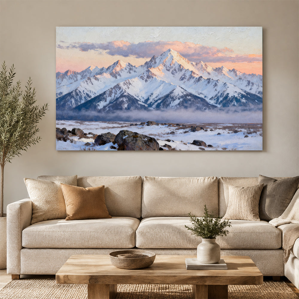 Pink Snowy Horizon canvas wall art, living room mockup above a sofa.