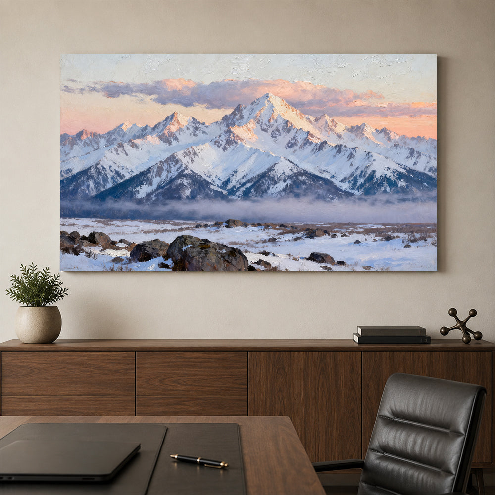 Pink Snowy Horizon canvas wall art, office mockup above a desk.