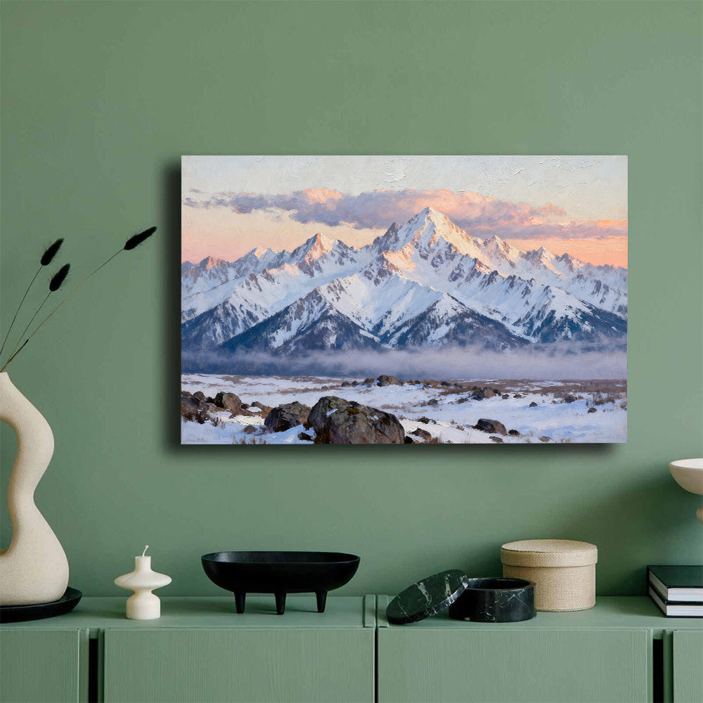 Pink Snowy Horizon canvas wall art, mockup on a green wall.