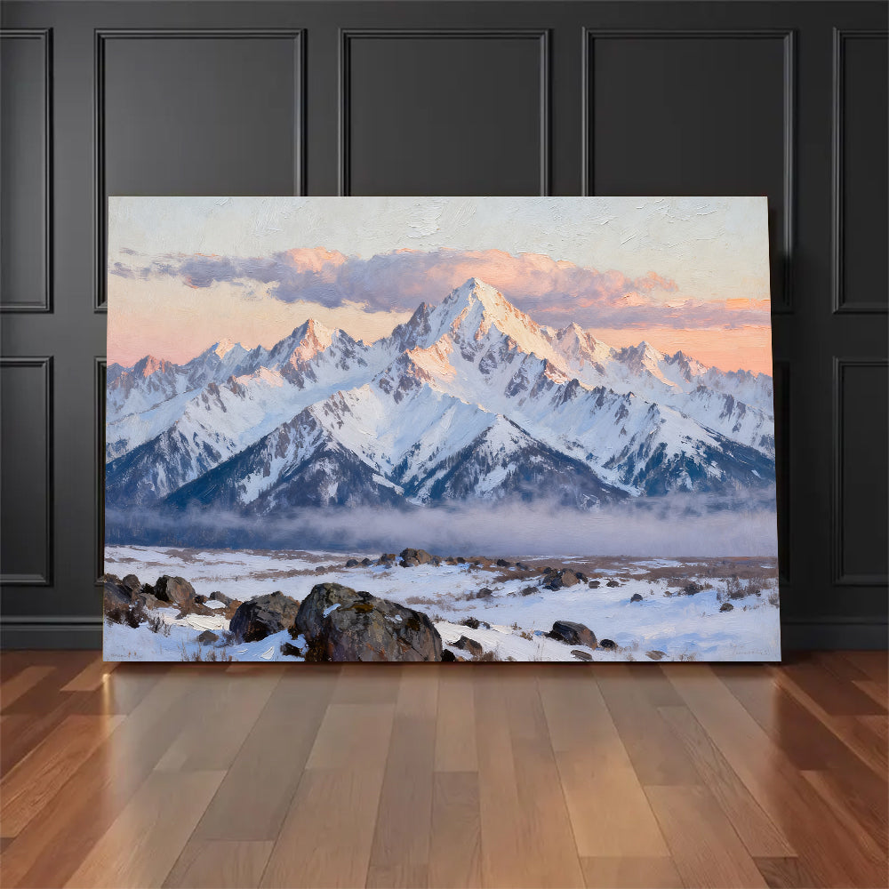 Pink Snowy Horizon canvas wall art, floor display against a dark wall.