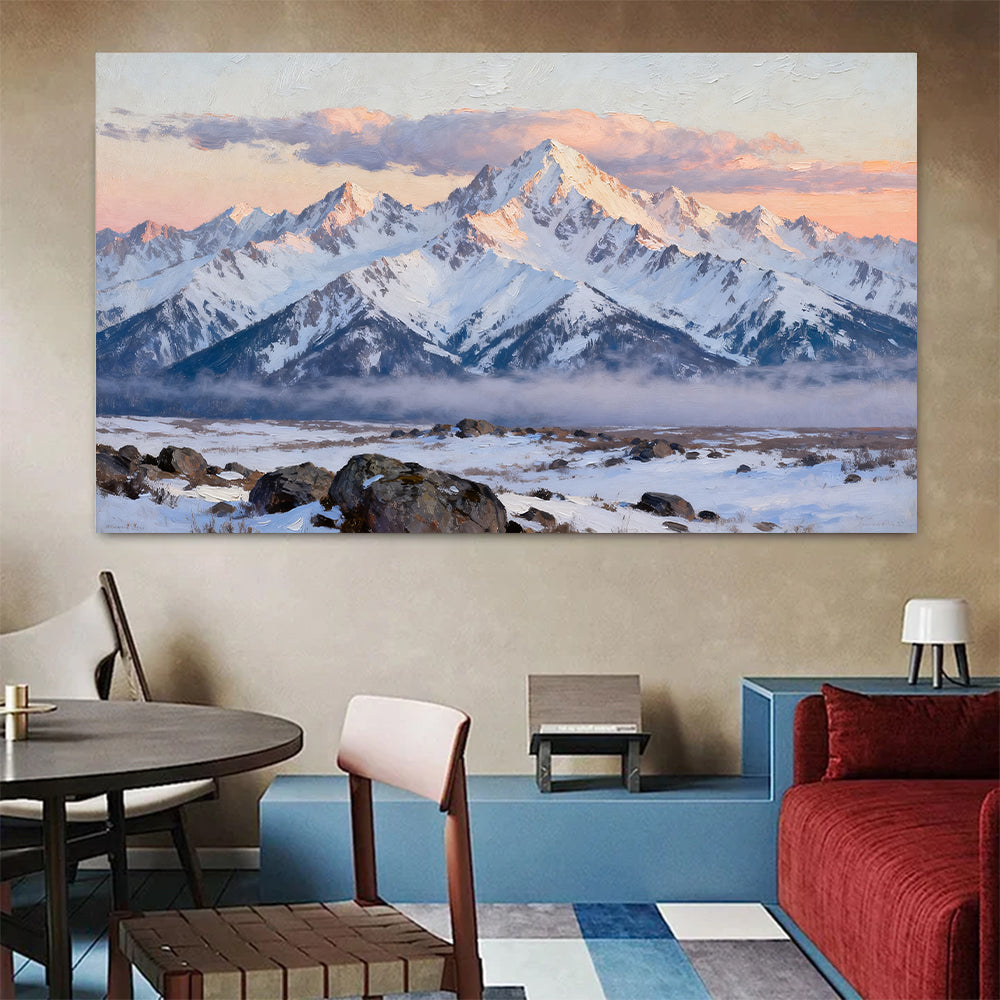 Pink Snowy Horizon canvas wall art, colorful room mockup.
