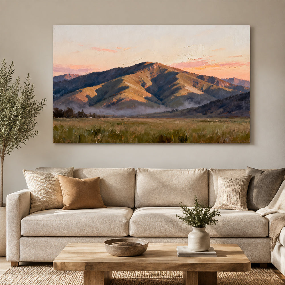 Quiet Mountain Plain canvas wall art, living room mockup above a sofa.