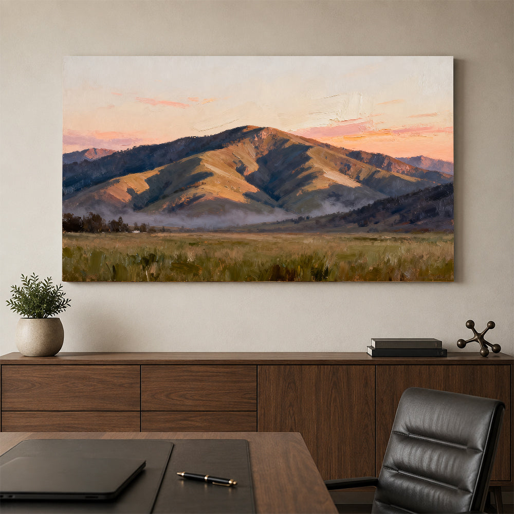 Quiet Mountain Plain canvas wall art, office mockup above a desk.