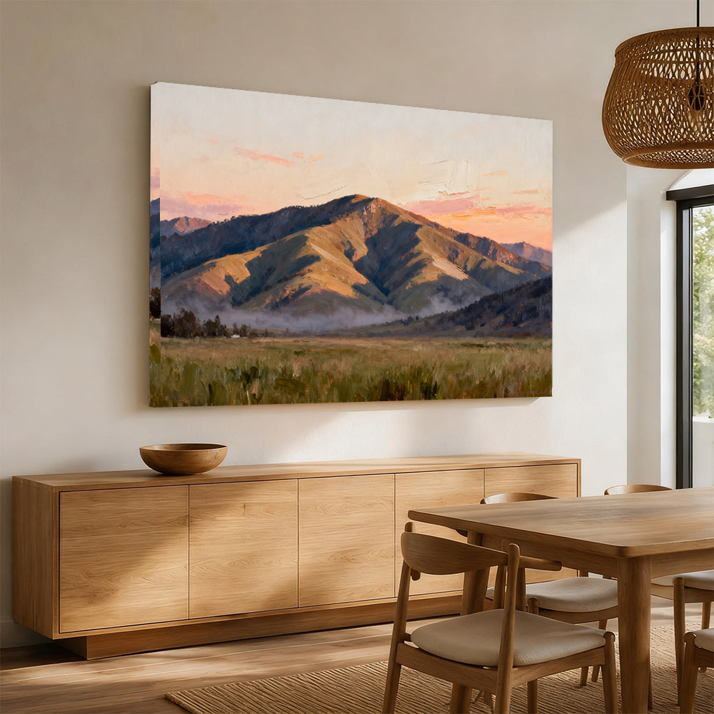 Quiet Mountain Plain canvas wall art, angled mockup above a sideboard.
