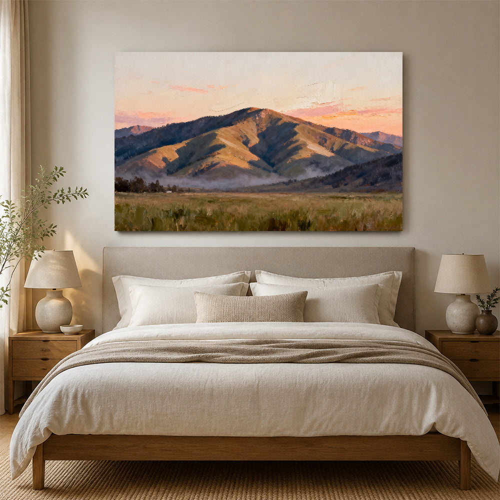 Quiet Mountain Plain canvas wall art, bedroom mockup above a bed.