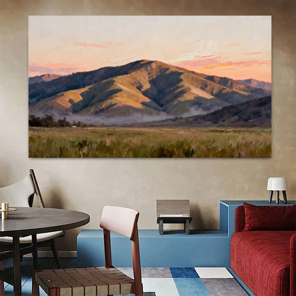 Quiet Mountain Plain canvas wall art, colorful room mockup.