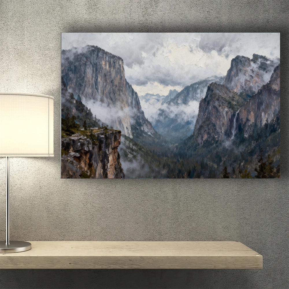 Clouded Granite Valley canvas wall art, wall mockup above a console.
