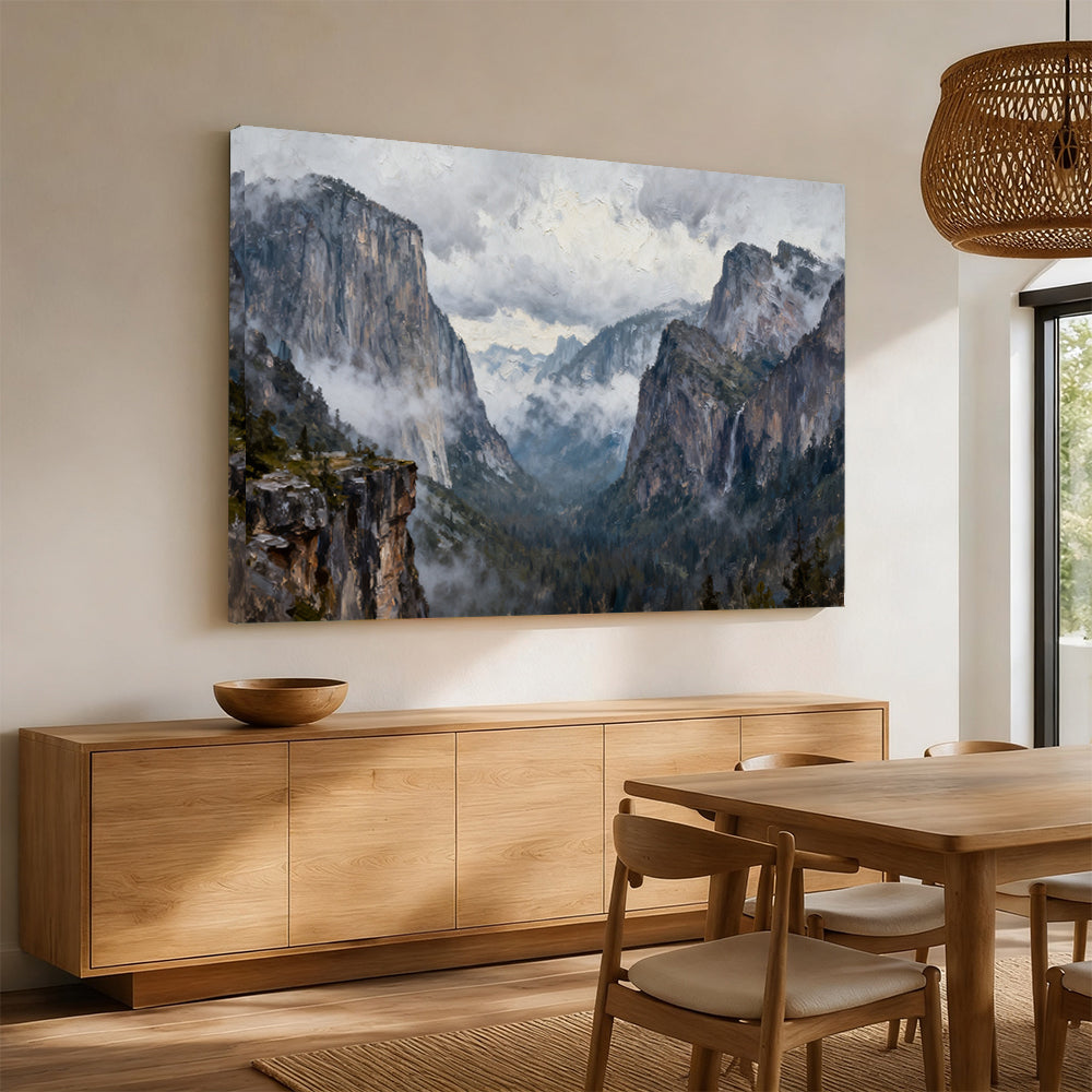 Clouded Granite Valley canvas wall art, angled mockup above a sideboard.