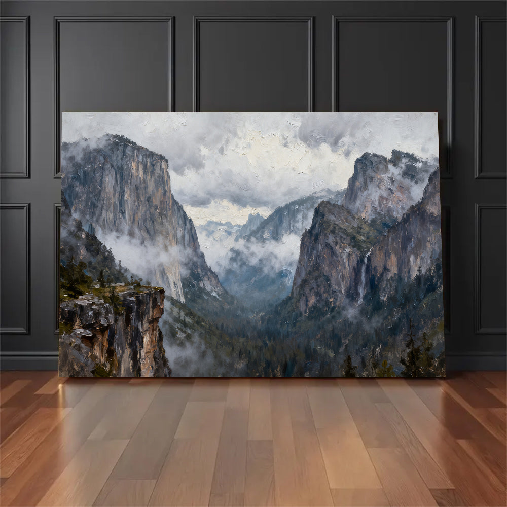 Clouded Granite Valley canvas wall art, floor display against a dark wall.
