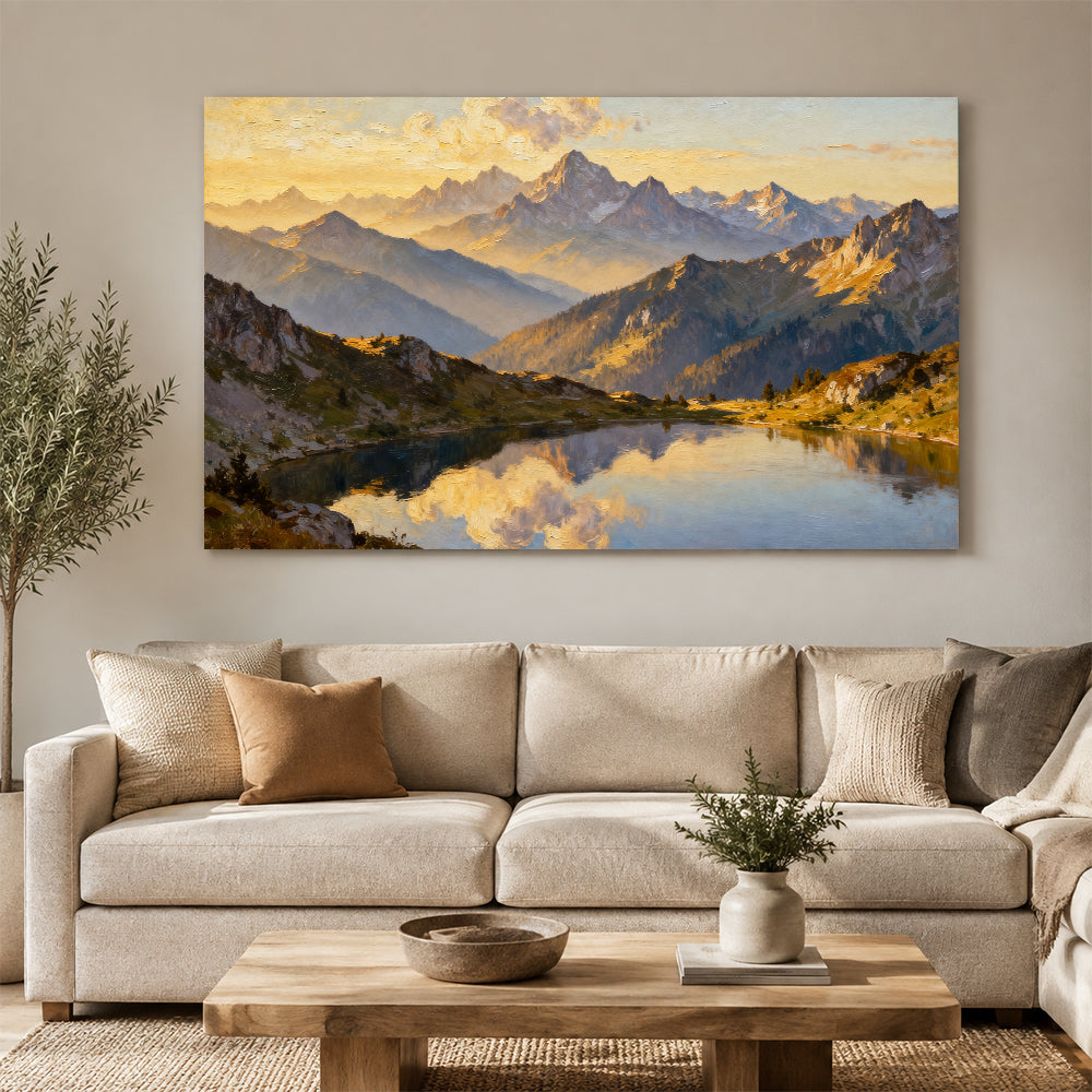 Golden Summit Mirror canvas wall art, living room mockup above a sofa.