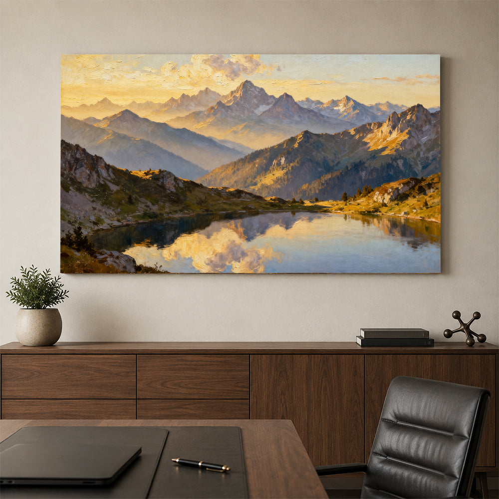 Golden Summit Mirror canvas wall art, office mockup above a desk.