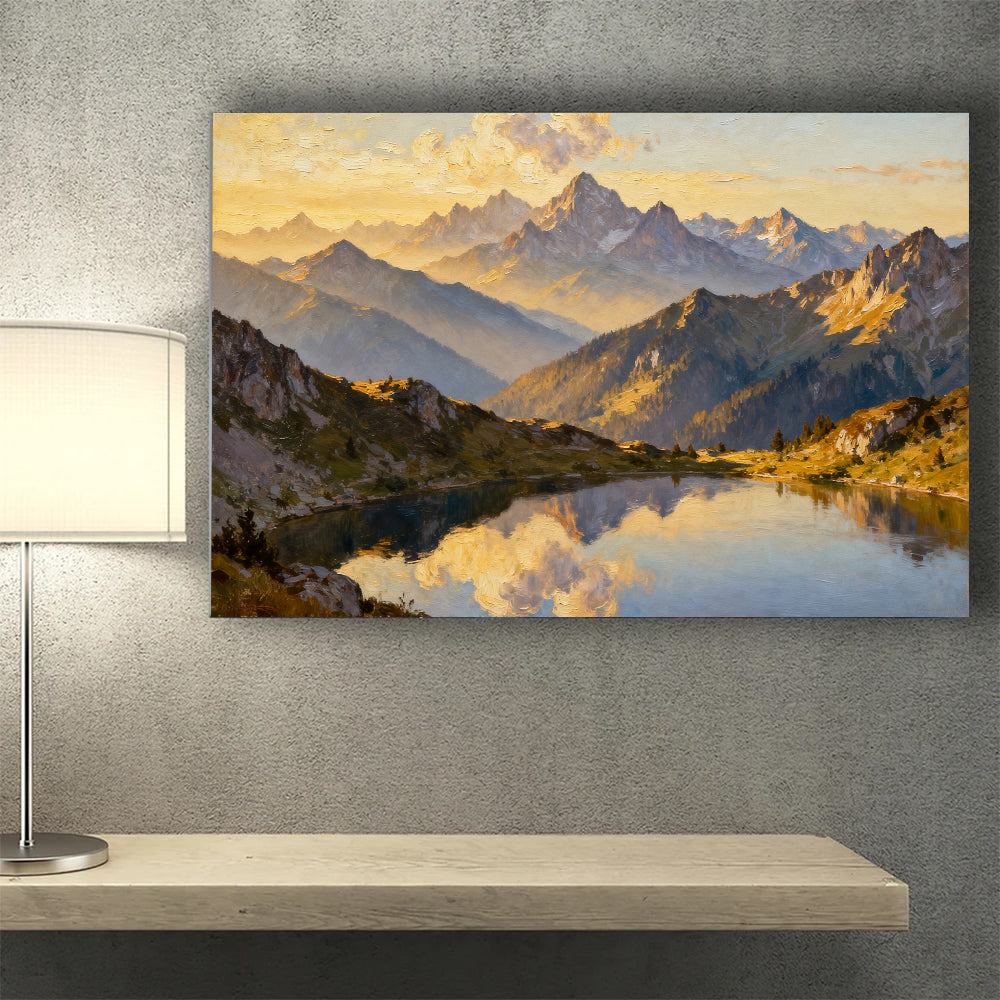 Golden Summit Mirror canvas wall art, wall mockup above a console.
