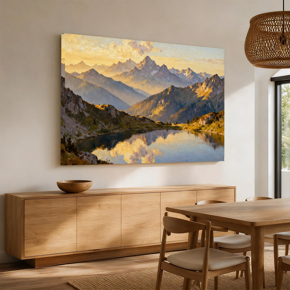 Golden Summit Mirror canvas wall art, angled mockup above a sideboard.