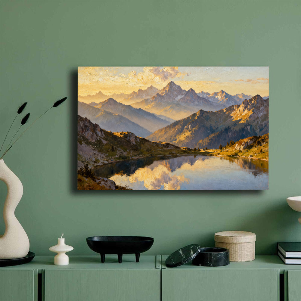 Golden Summit Mirror canvas wall art, mockup on a green wall.
