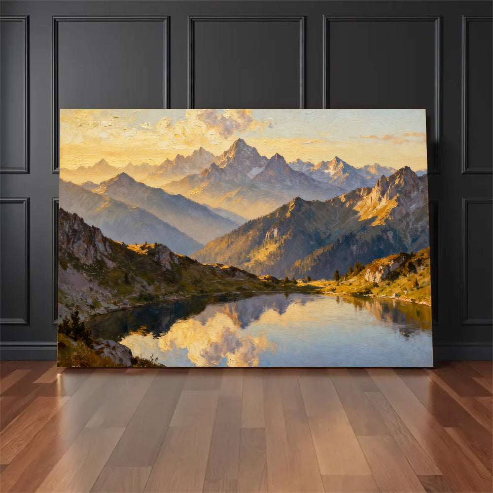 Golden Summit Mirror canvas wall art, floor display against a dark wall.